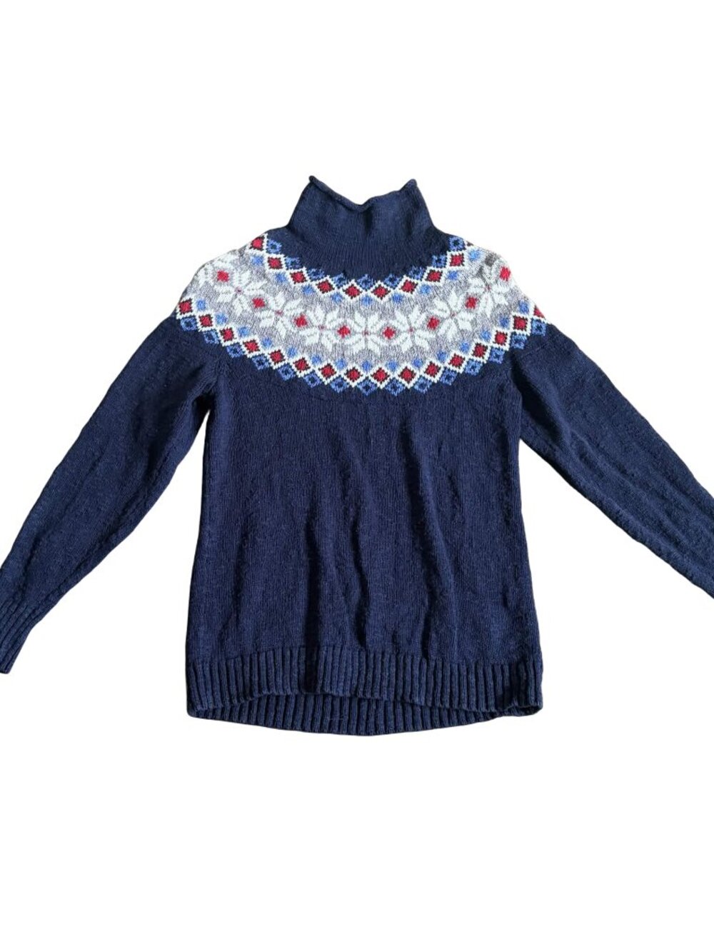 L.L.Bean Fair Isle Turtleneck Sweater Women's Small Navy Cotton Ragg 510902